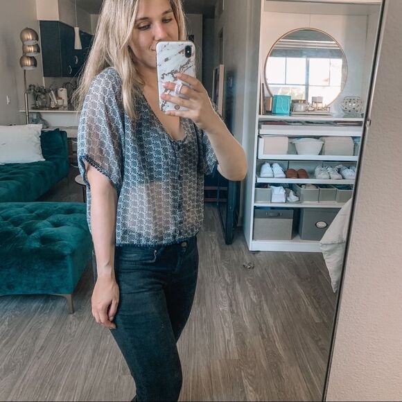 Band of Gypsies Boho Blue Floral Short Sleeve Pom Pom Sheer Button Up Blouse S - Picture 3 of 7